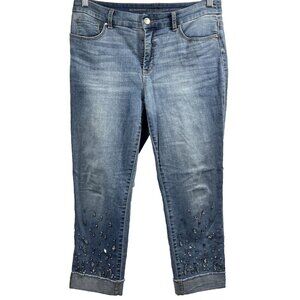 Chicos So Slimming Girlfriend Slim Leg Crop 6 Blue Embellished Beads Cuffed Boho